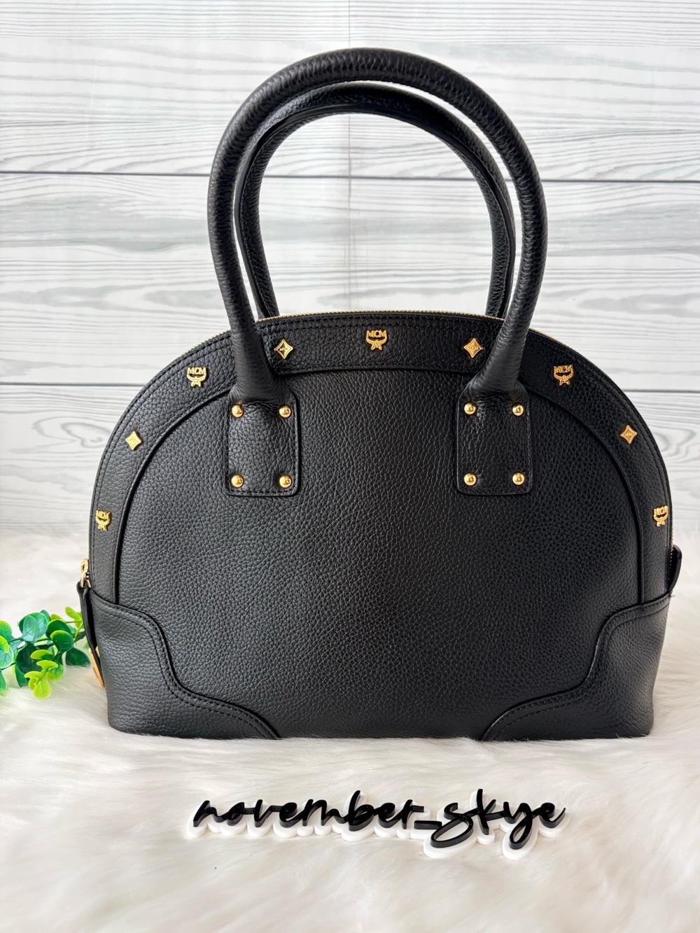 MCM Leather Alma With Twist Lock Zipper & Gold Stud Accents